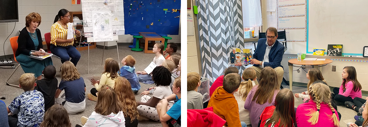 Left: Monticello Mayor Gail Harrell reads to students at Washington Park Elementary School, October 2022. Photo: GCS. Right: Trion Mayor Lanny Thomas reads to students at Trion Elementary School, Janu