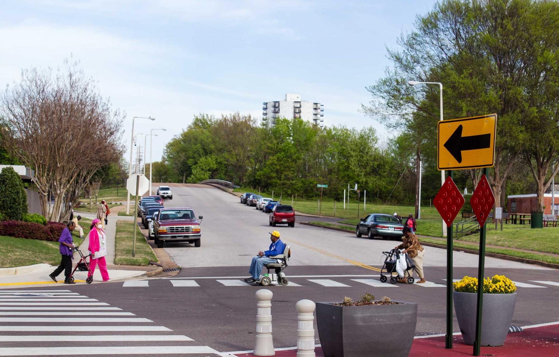 A recent photo of pedestrians at an improved intersection in the Memphis Medical District. 